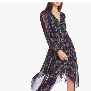 1.STATE Navy Yellow Floral Asymmetrical Midi Dress ~ size small